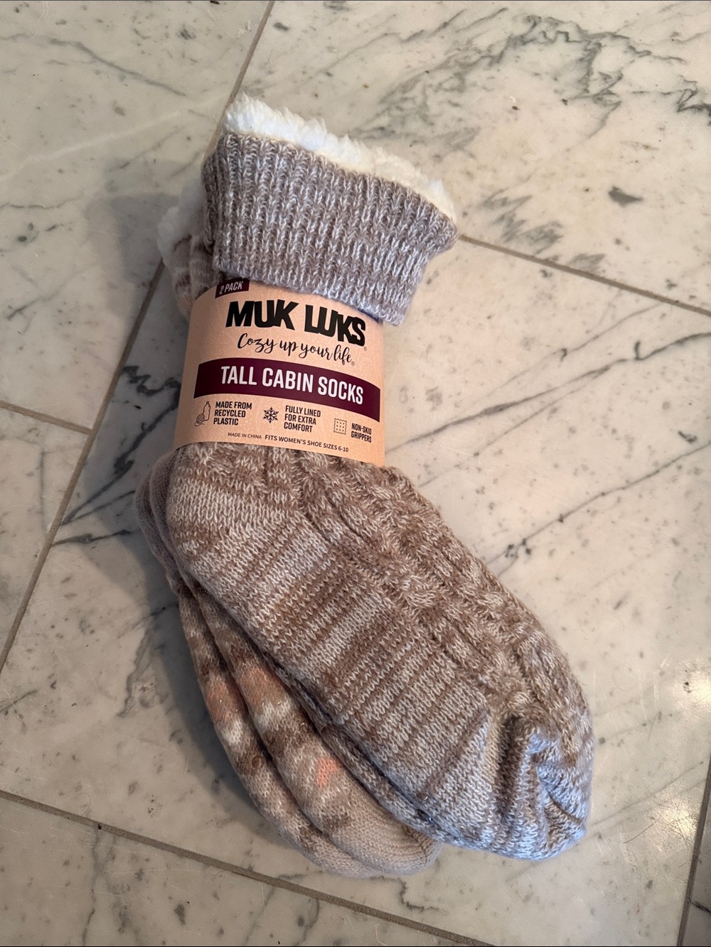 Muk Luks Beige & Cream Tall Cabin Socks - Plush Lined Crew Pair